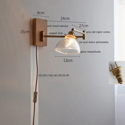 Antique brass industrial wall light with clear glass for bedroom