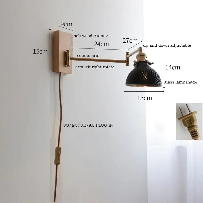 Antique brass industrial wall light with clear glass for bedroom