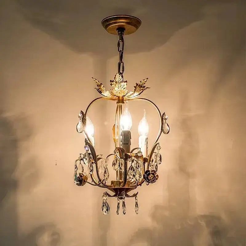 Antique brass iron crystal chandelier bedroom leaf pendant light
