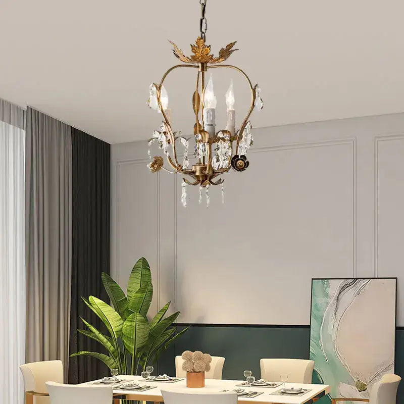 Antique brass iron crystal chandelier bedroom leaf pendant light