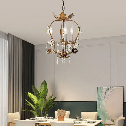 Antique brass iron crystal chandelier bedroom leaf pendant light
