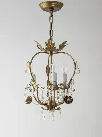 Antique brass iron crystal chandelier with leaf details bedroom light
