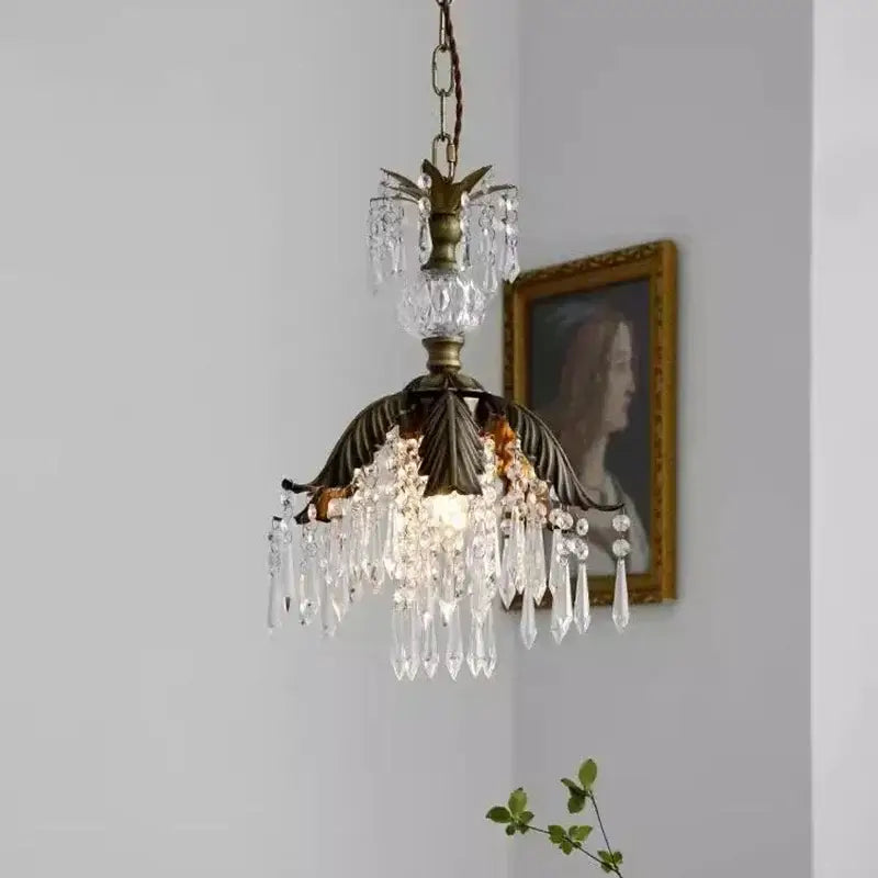 Antique brass leaf crystal pendant light bedroom chandelier