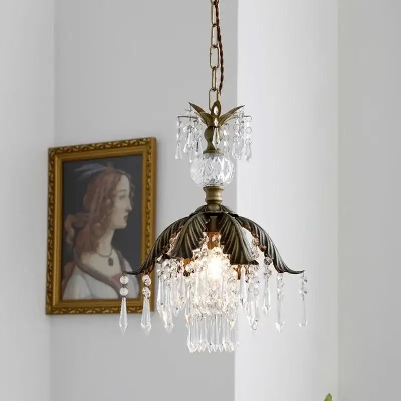 Antique brass leaf crystal pendant light bedroom chandelier