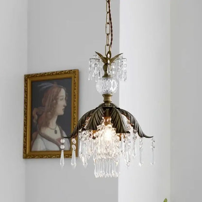 Antique brass leaf crystal pendant light bedroom chandelier