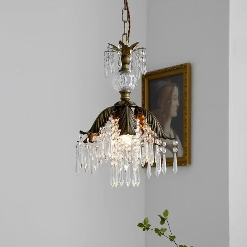 Antique brass leaf crystal pendant light bedroom chandelier