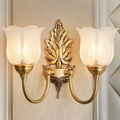 Antique brass leaf tulip wall lamp for bedroom