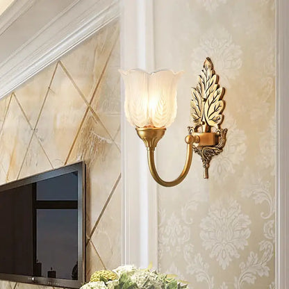 Antique brass leaf tulip wall lamp for bedroom
