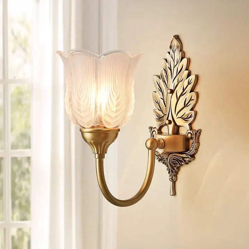 Antique brass leaf tulip wall lamp for bedroom