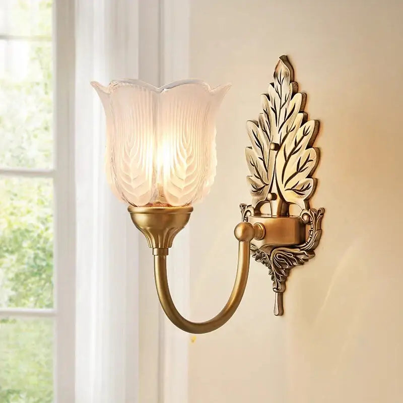 Antique brass leaf tulip wall lamp for bedroom
