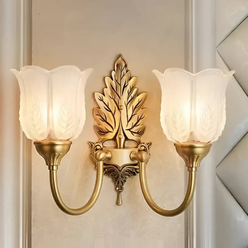 Antique brass leaf tulip wall lamp for bedroom