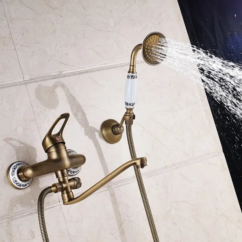Antique brass long nose shower faucet with ceramic handle bathroom tap