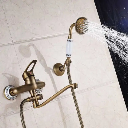 Antique brass long nose shower faucet with ceramic handle bathroom tap