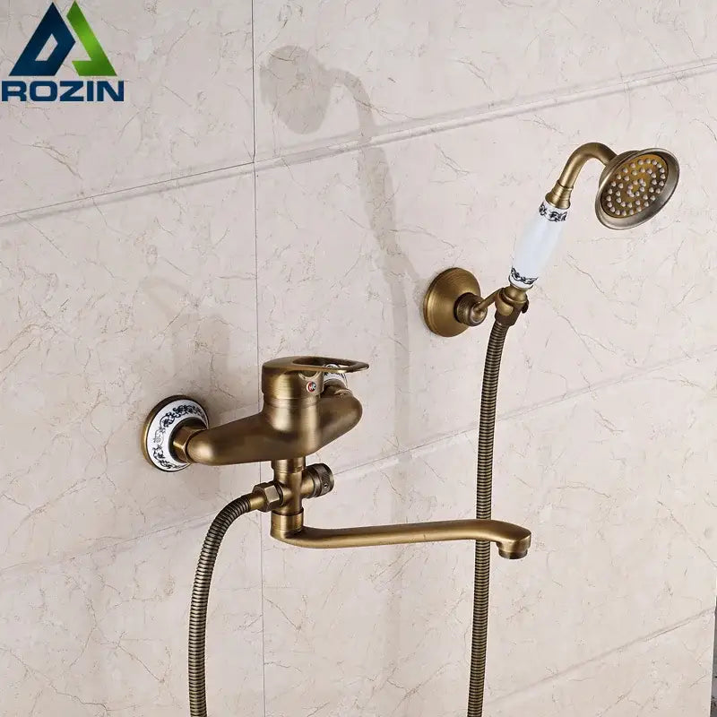 Antique brass long nose shower faucet with ceramic handle bathroom tap