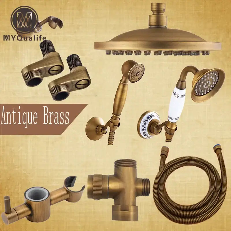 Antique brass round shower faucet set with handheld sprayer bathroom