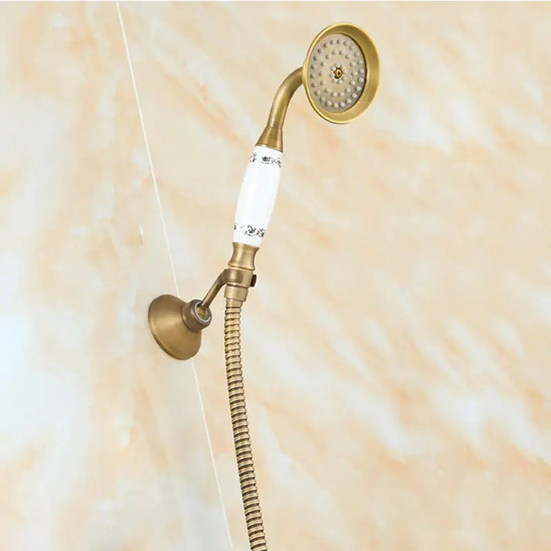 Antique brass round shower faucet set with handheld sprayer bathroom