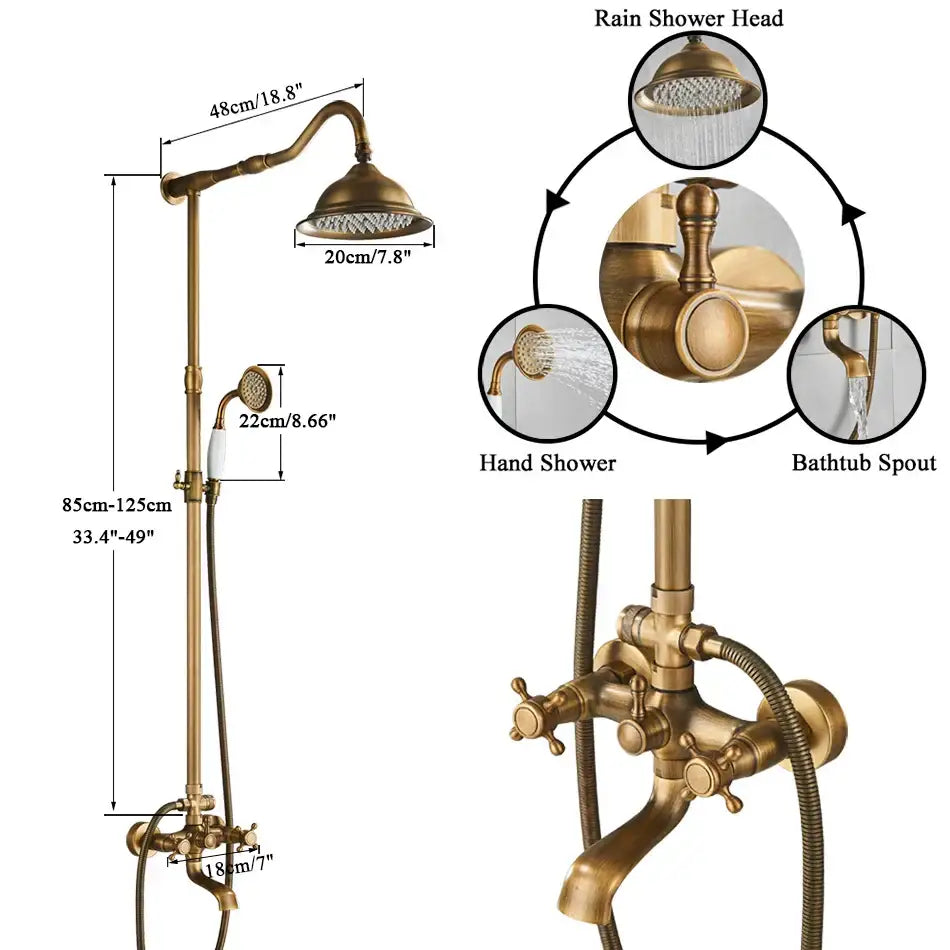 Antique brass shower set with ceramic hand sprayer bathroom fixture