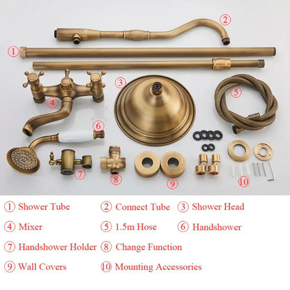 Antique brass shower set with ceramic hand sprayer bathroom fixture