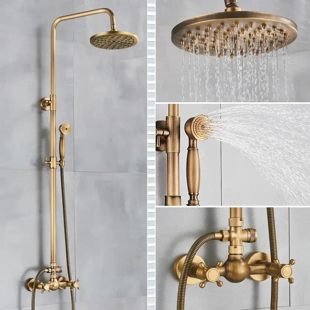 Antique brass shower set with ceramic hand sprayer bathroom fixture