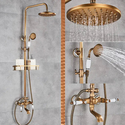 Antique brass shower set with ceramic hand sprayer bathroom fixture