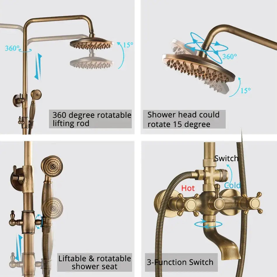 Antique brass shower set with ceramic hand sprayer bathroom fixture