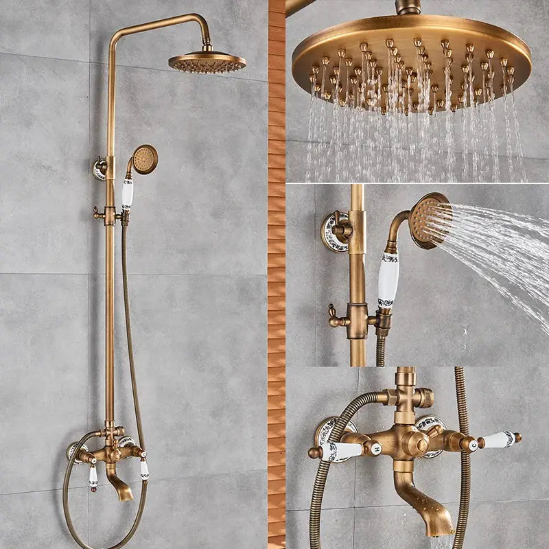 Antique brass shower set with ceramic hand sprayer bathroom fixture
