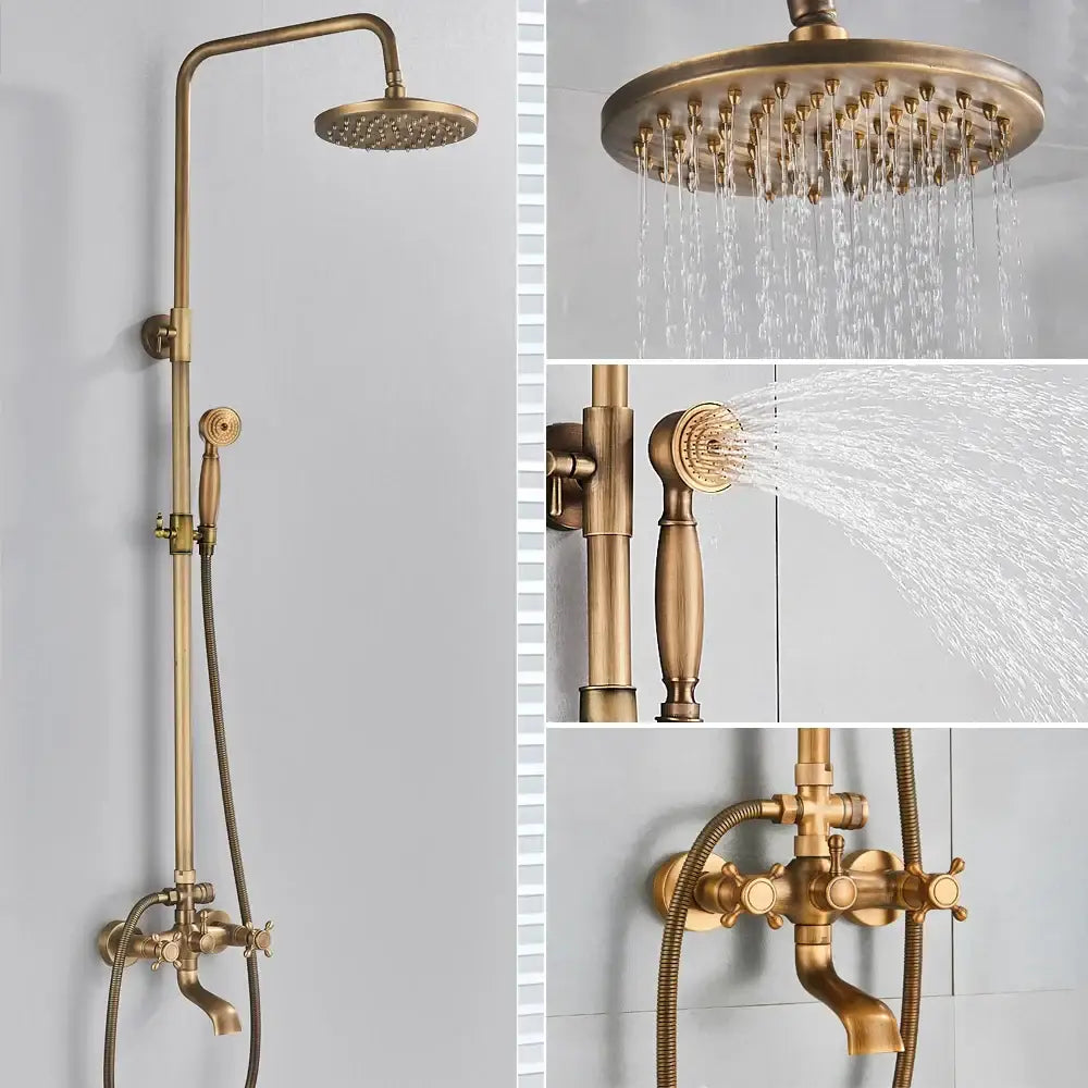 Antique brass shower set with ceramic hand sprayer bathroom fixture