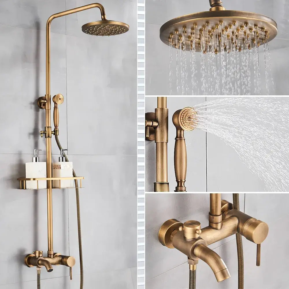 Antique brass shower set with ceramic hand sprayer bathroom fixture