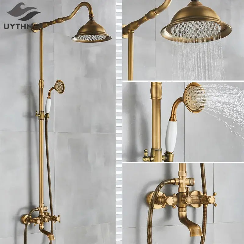 Antique brass shower set with ceramic hand sprayer bathroom fixture