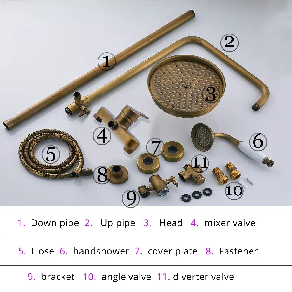 Antique brass shower set with rainhead and handshower – bathroom