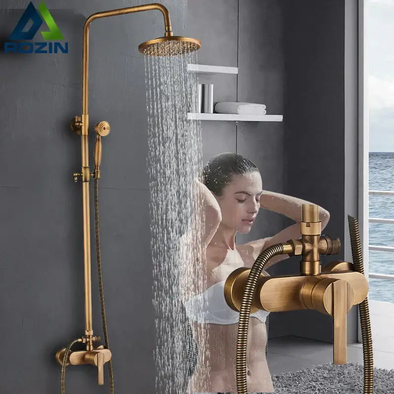 Antique brass shower set with rainhead and handshower – bathroom