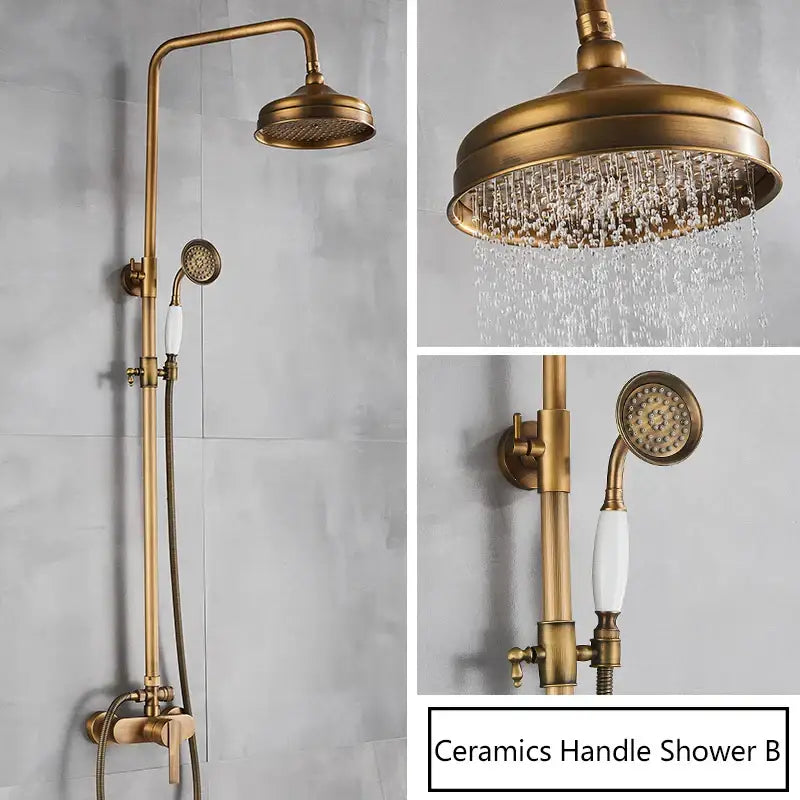 Antique brass shower set with rainhead and handshower – bathroom