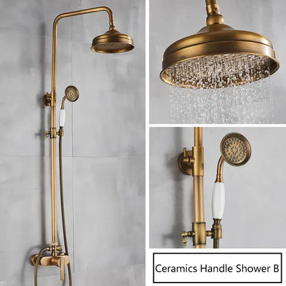 Antique brass shower set with rainhead and handshower – bathroom