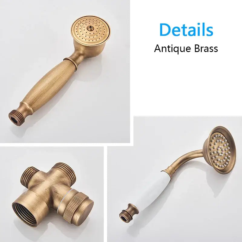 Antique brass shower set with rainhead and handshower – bathroom