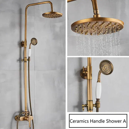 Antique brass shower set with rainhead and handshower – bathroom