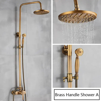 Antique brass shower set with rainhead and handshower – bathroom