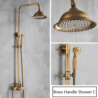 Antique brass shower set with rainhead and handshower – bathroom