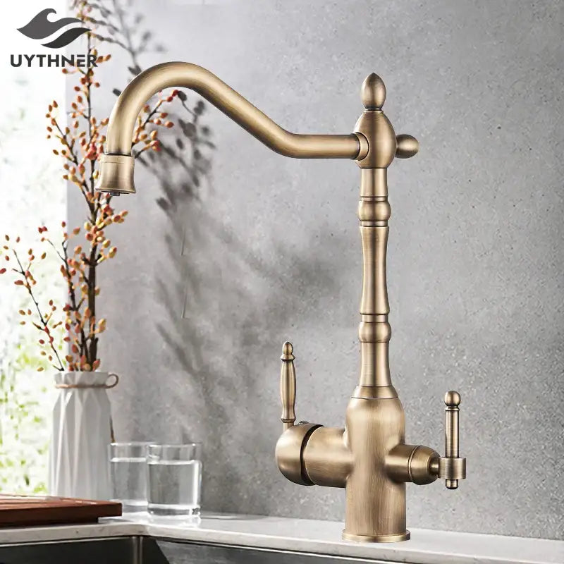 Antique brass vintage kitchen water filter faucet with dual spout