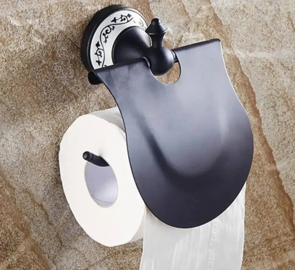 Antique brass wall mounted paper holder with ceramic base bathroom