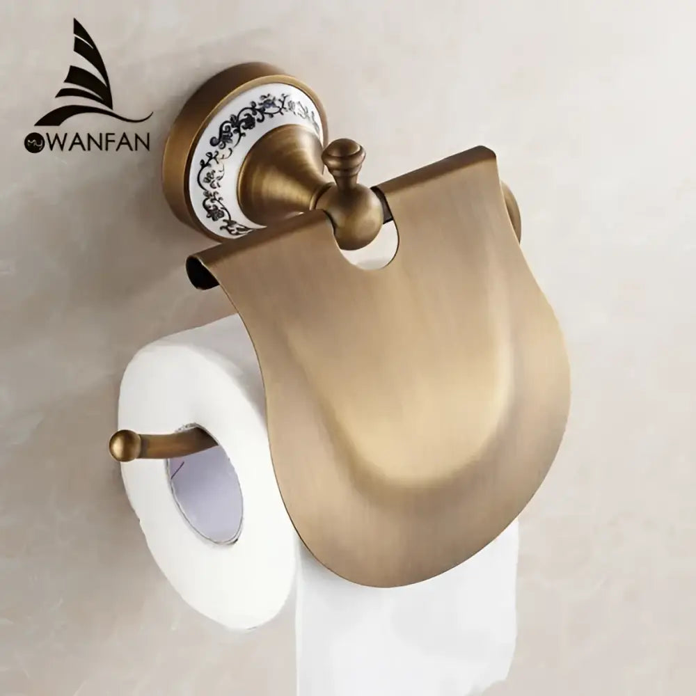 Antique brass wall mounted paper holder with ceramic base bathroom