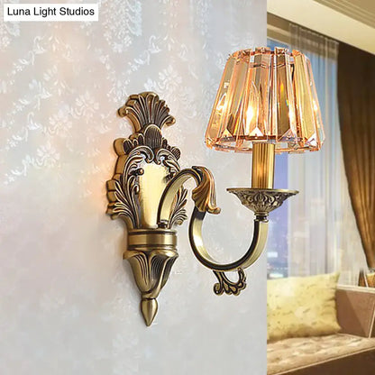 Antique brass wavy arm sconce bedroom wall lamp with crystal shade