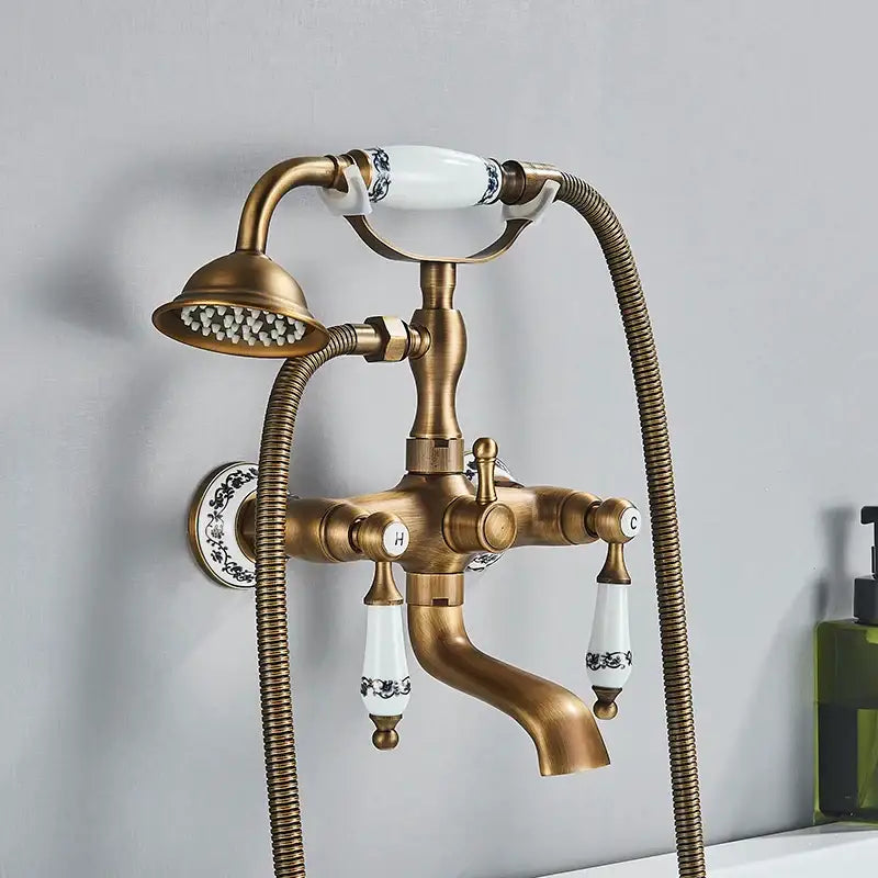 Antique brass & white dual handle bathtub faucet bathroom shower
