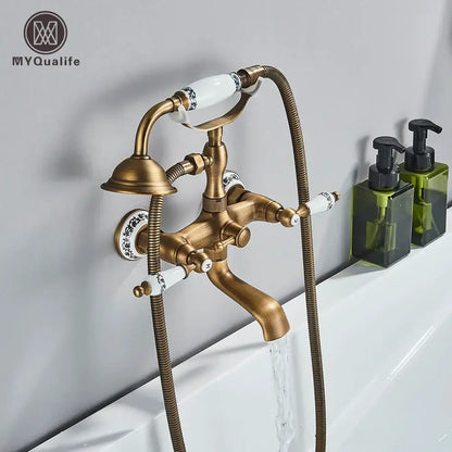 Antique brass & white dual handle bathtub faucet bathroom shower