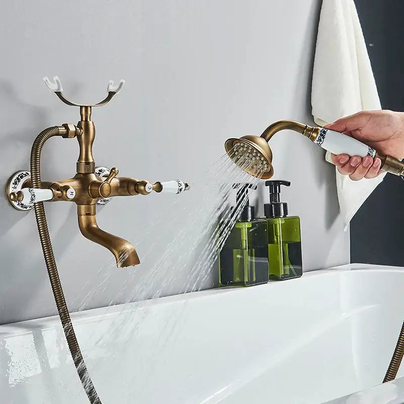 Antique brass & white dual handle bathtub faucet bathroom shower