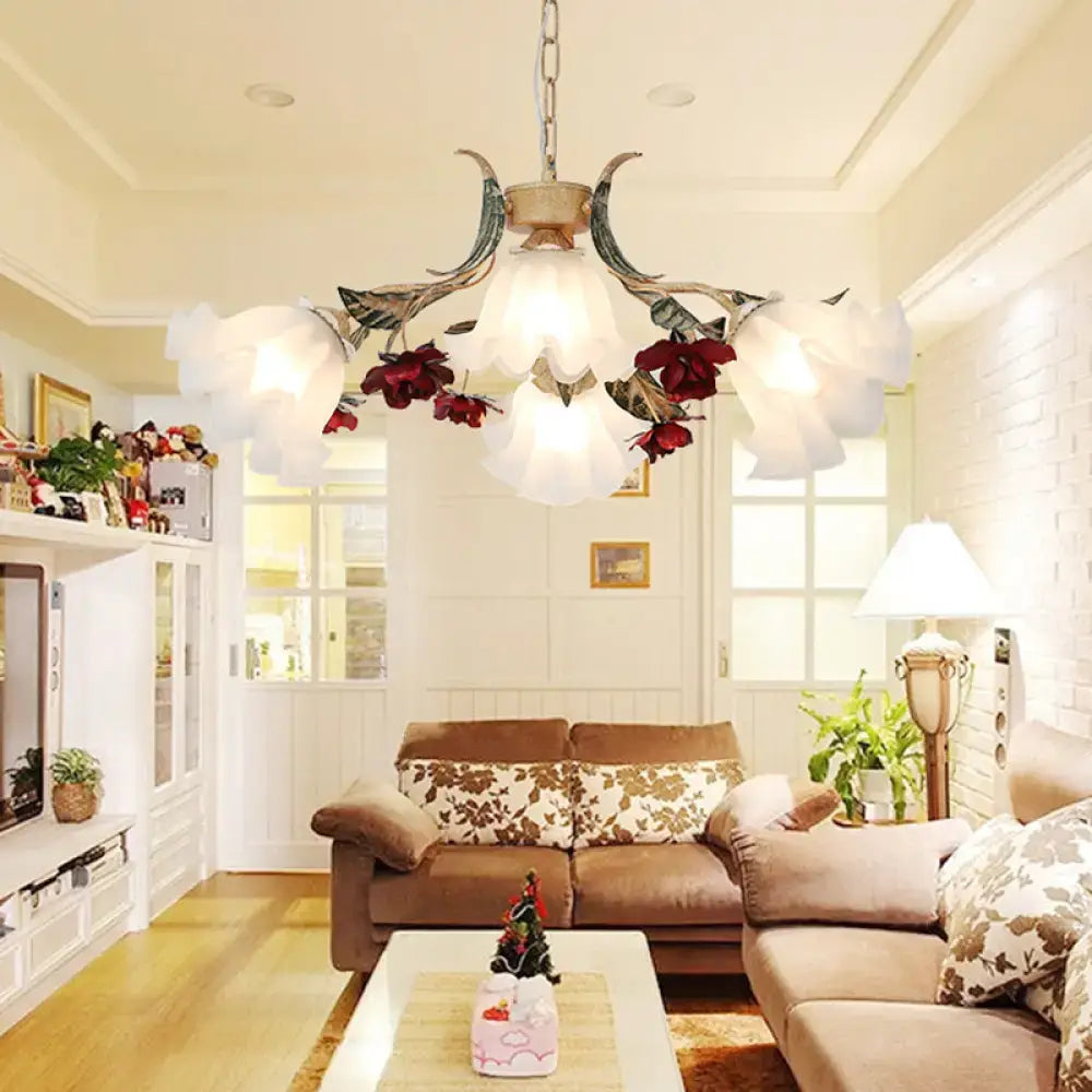 Antique brass & white porcelain red floral chandelier living room ceiling light