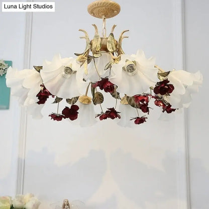 Antique brass & white porcelain red floral chandelier living room ceiling light