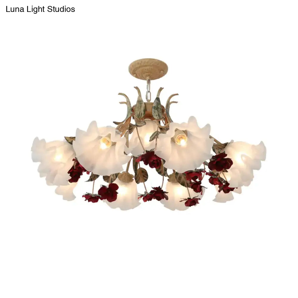 Antique brass & white porcelain red floral chandelier living room ceiling light