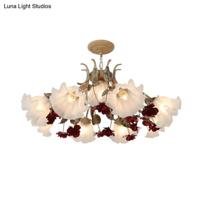 Antique brass & white porcelain red floral chandelier living room ceiling light