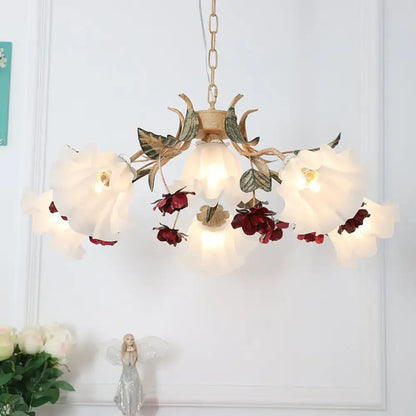 Antique brass & white porcelain red floral chandelier living room ceiling light