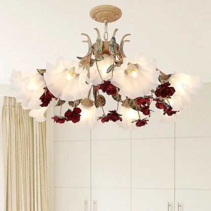 Antique brass & white porcelain red floral chandelier living room ceiling light